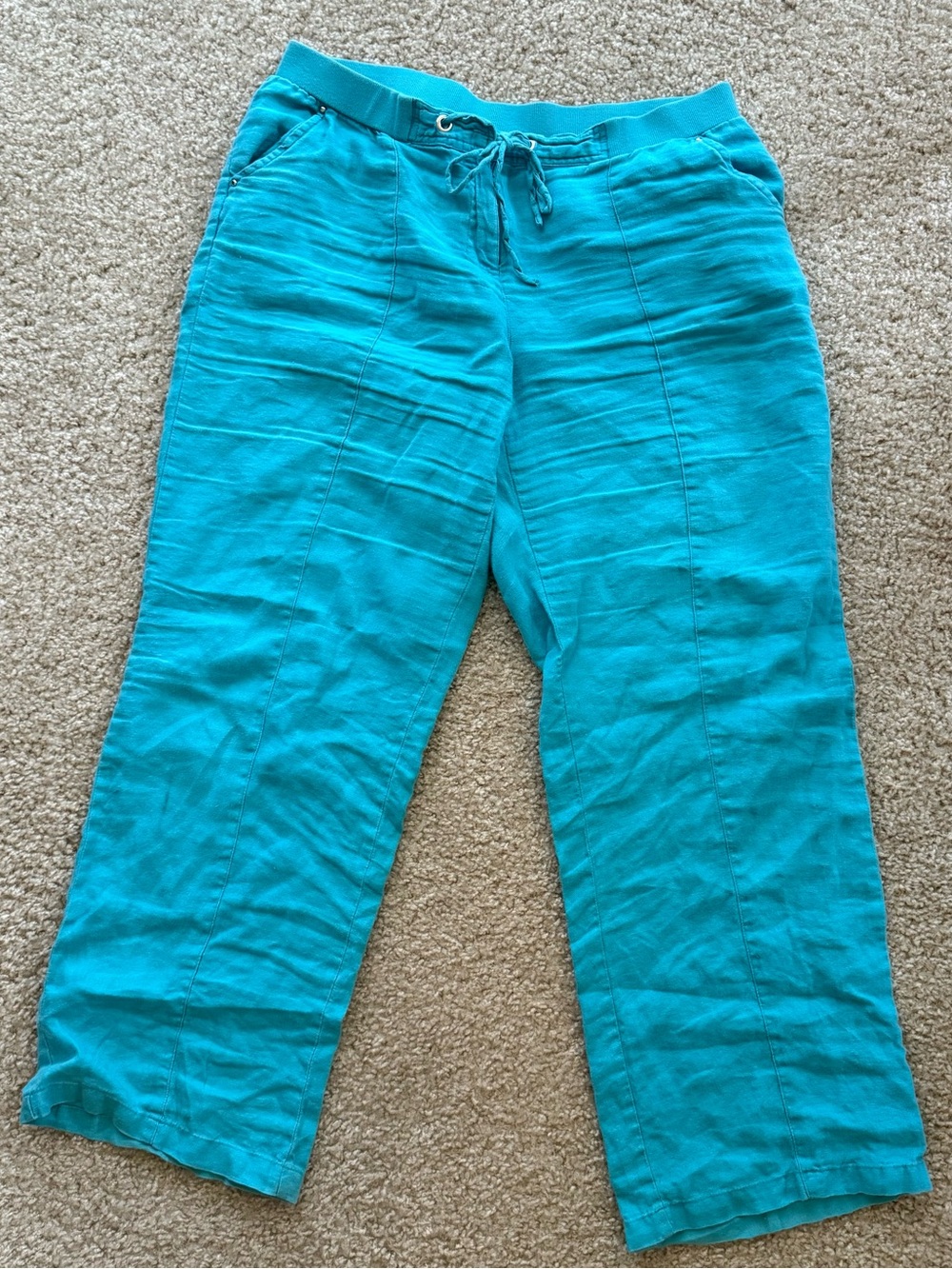JM Collection Turquoise 100% Linen Drawstring Pants Size 10 Wide Leg Coastal